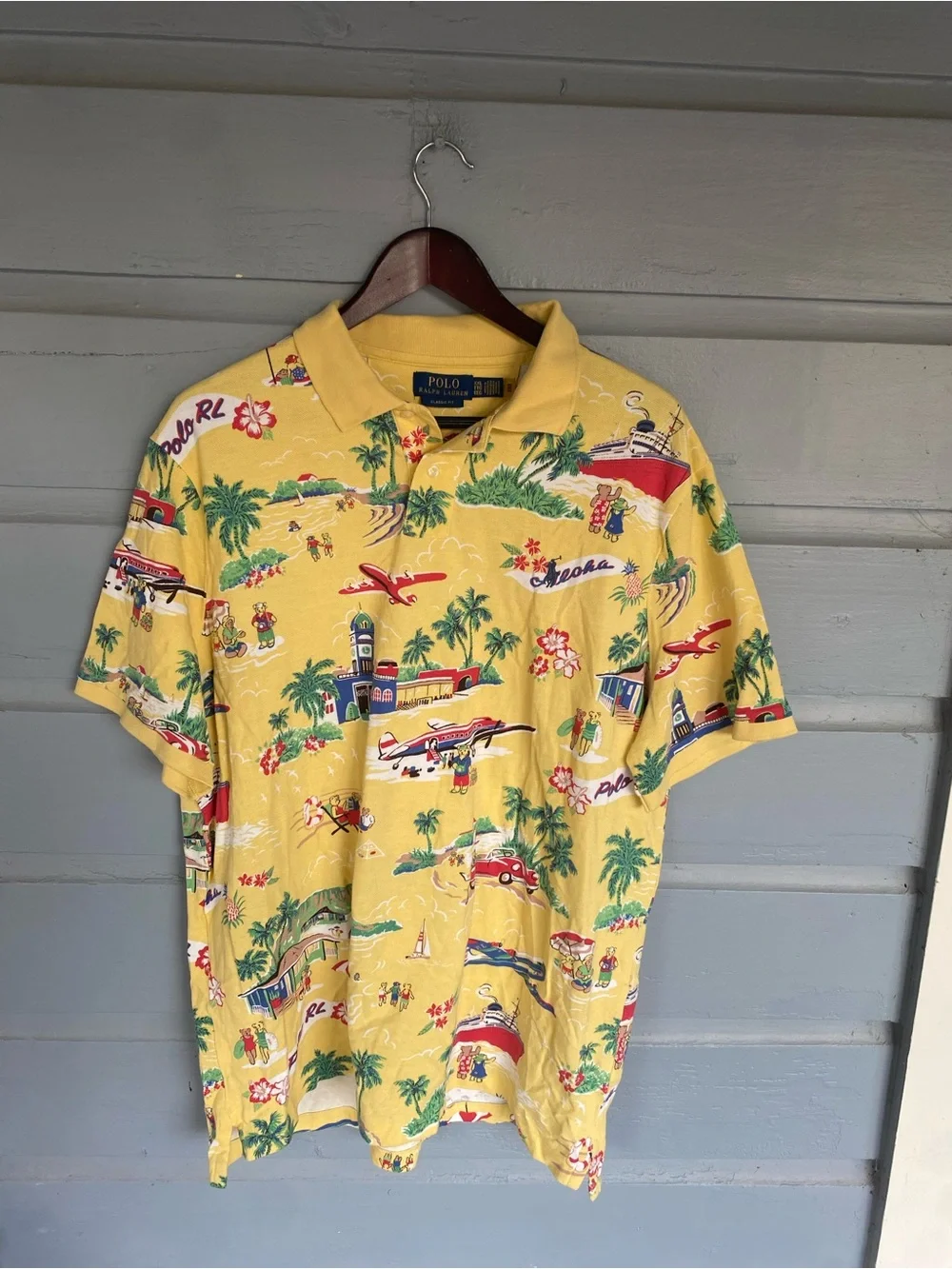 Polo Ralph Lauren Mens SZ XXL Classic Fit Yellow Mesh Hawaiian Bear Polo